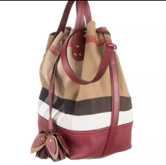 Burberry Burgundy Red Grainy CheckCanvas Hobo Bag - Picture 2 of 7